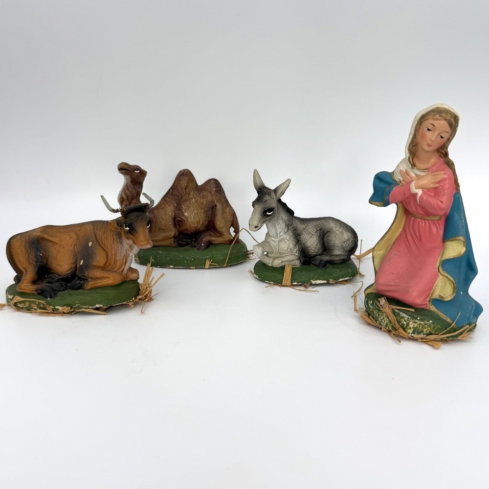 Vintage Nativity Figurines 4 pc Set Mary Camel Ox Donkey Composition Christmas